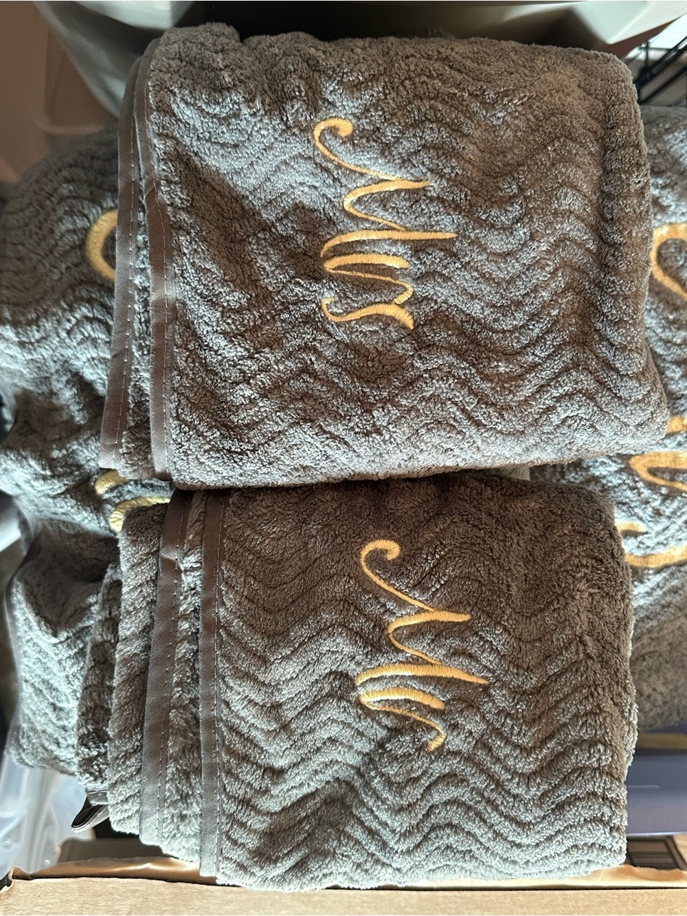 Embroidered Monogram 'Mrs' ‘Mr’ Gray Towel Set (6) with Gold Script - Picture 2 of 3